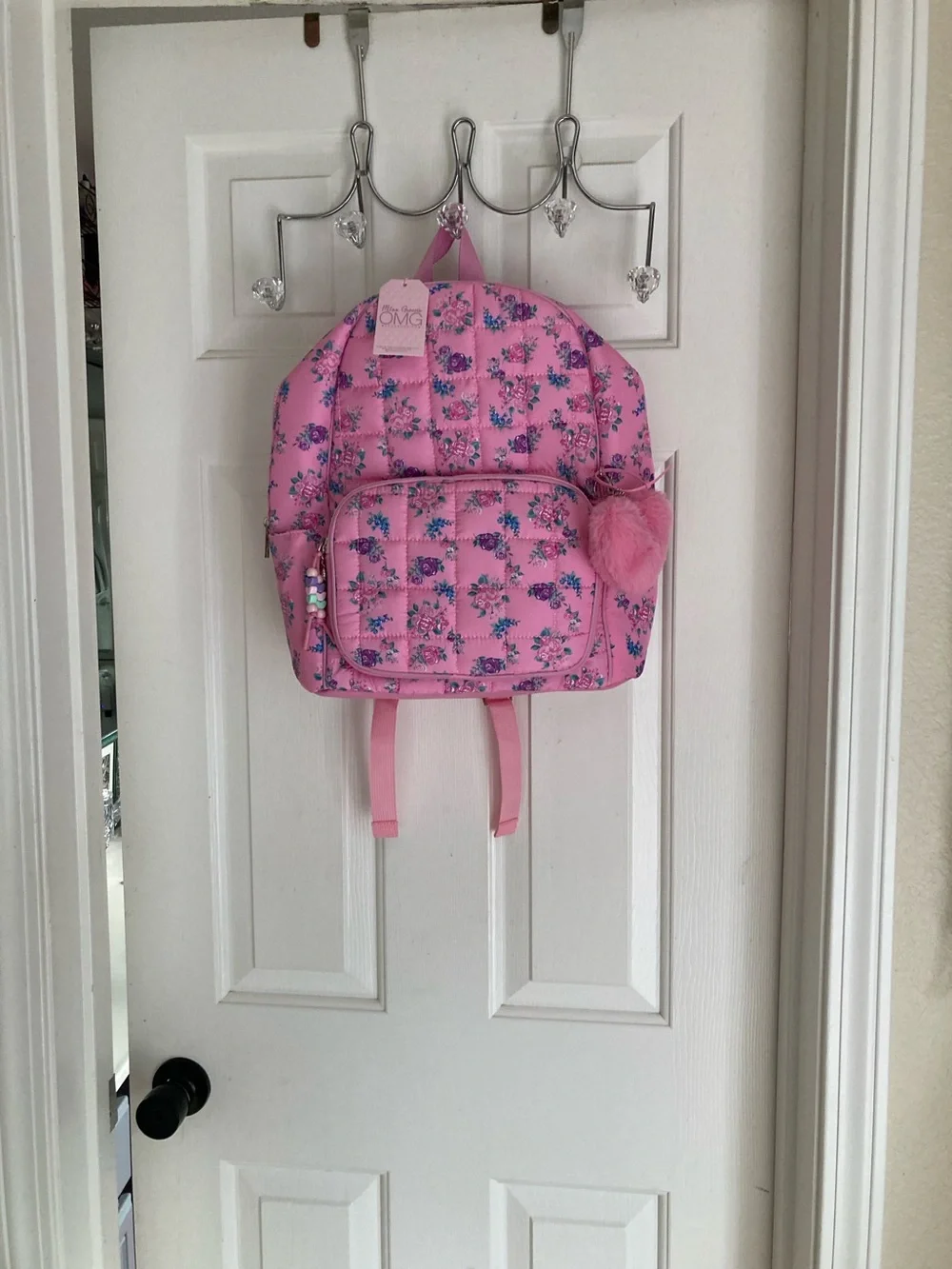 OMG Pink Floral Quilted Kids Backpack with Pom-Pom Charm